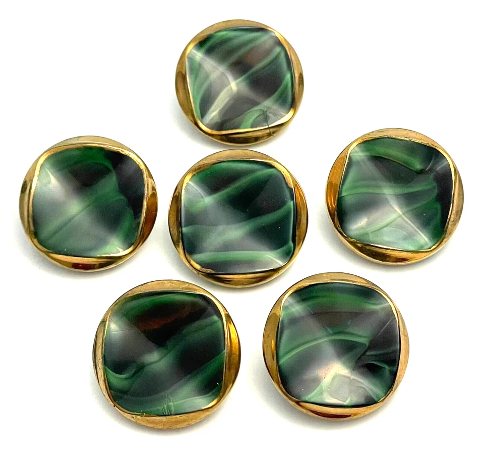 VTG Set of 6 Green Czech Glass Buttons Marbled Faux Malachite Gold 23 mm 7/8" - Image 4 of 4