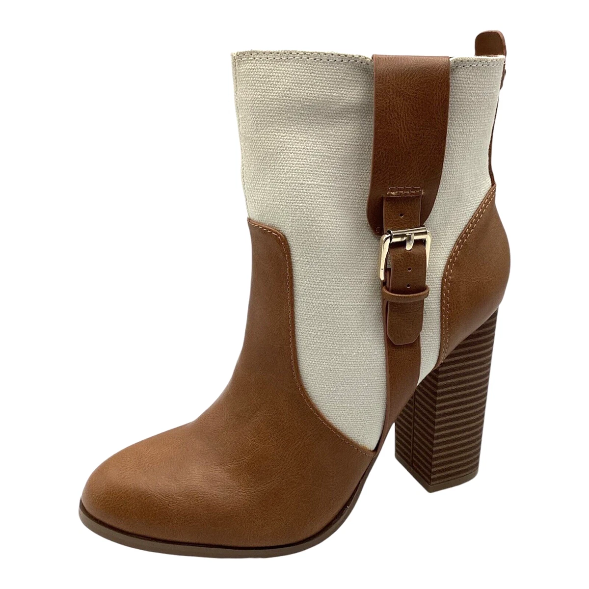 Anne Michelle Mujer Botines UK 4 Beige Tostado Imitación Cuero Lona Tacón Bloque