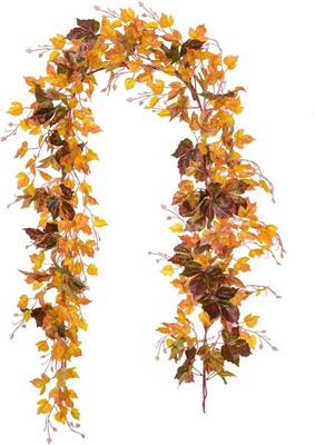 Artiflr 2 Pack Fall Garland Maple Leaf Vine Clearance, 6.5 Orange,green 