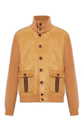 GUCCI Beige Suede/Wool With Web Bomber Jacket New