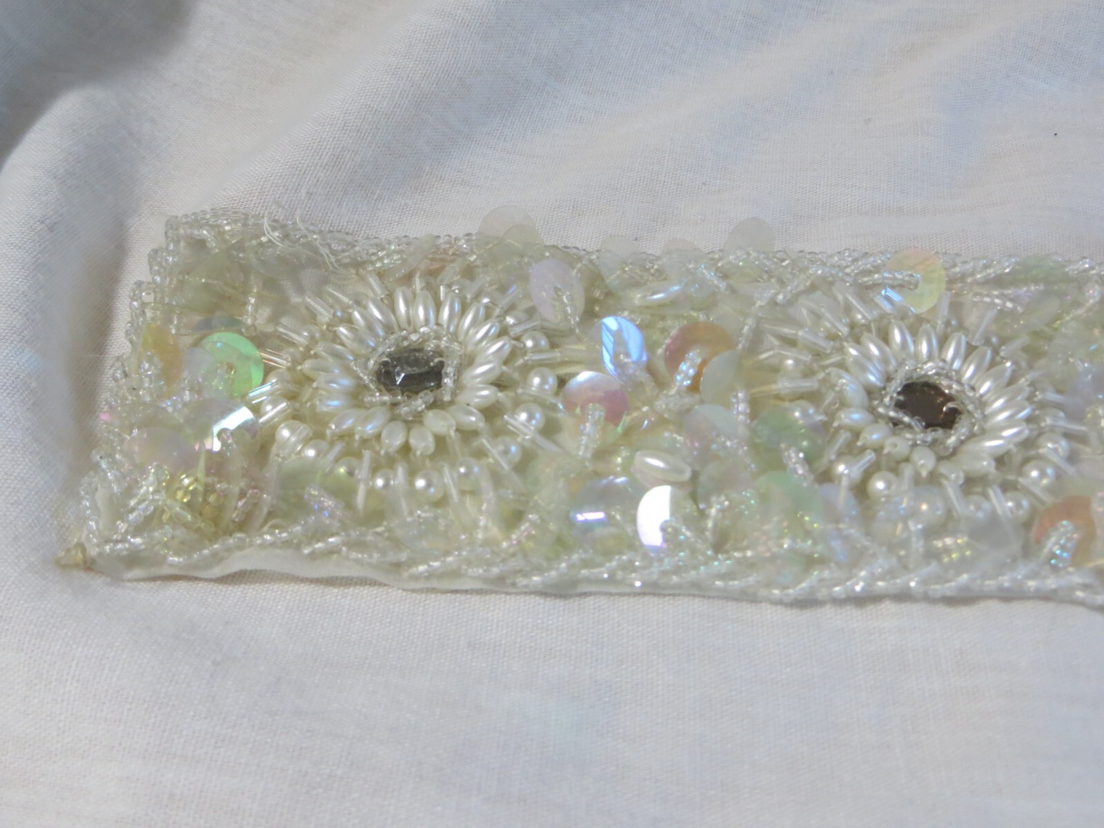 Vintage Roth Co. Embroidered Sequin Faux Pearl Bridal Trim Fabric 13.25 x 2.25" thumbnail 4