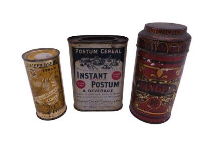 Lot 3 of Vintage Cans Ginger Instant Postum Filippo Berio Olive Oil