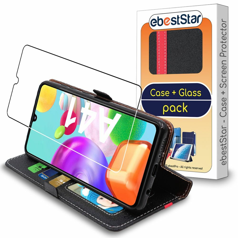 Coque Samsung A41 Etui Portefeuille en Cuir Noir avec Verre Trempé