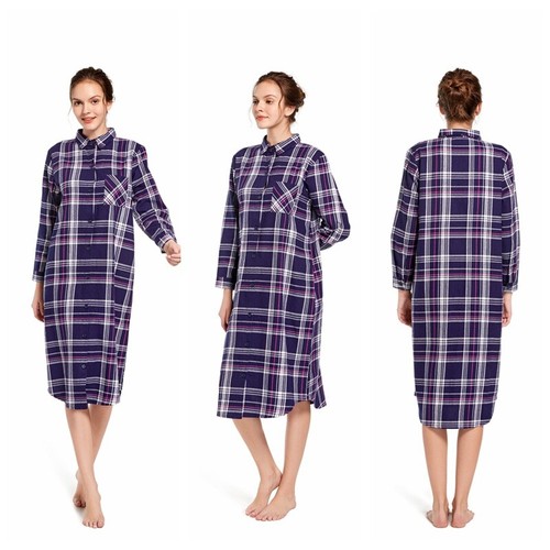 Ladies 100% Cotton Nightgown Womens Long Check Nightshirt Button UP Nightie 8-24 - Picture 33 of 38