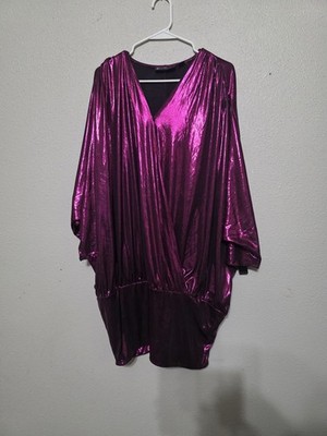 New NY&C Womens Pink Surplice Neck Long Sleeve Stretch Pleated Shimmery Blouse L