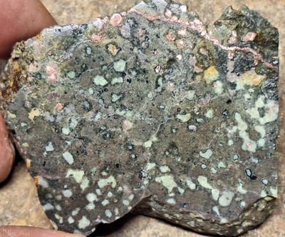 Pretty Stone Slab w Copper Epidote Calcite in Basalt -Polished Display Specimen