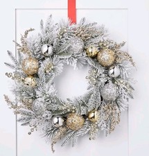 Holiday Lane Shine Bright Pine Wreath with Gold & Silver Ball Ornaments BIX7