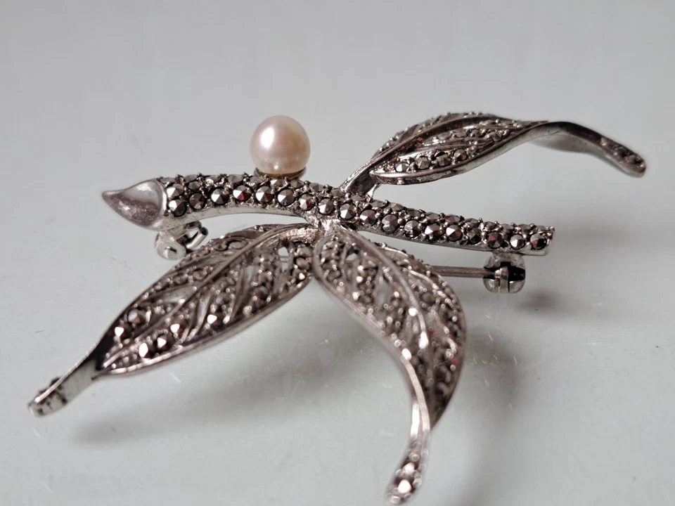 Bella Vecchia Spilla, 925 Argento Con Marcasite E Perla, Spilla Da Giacca - Immagine 2 di 4