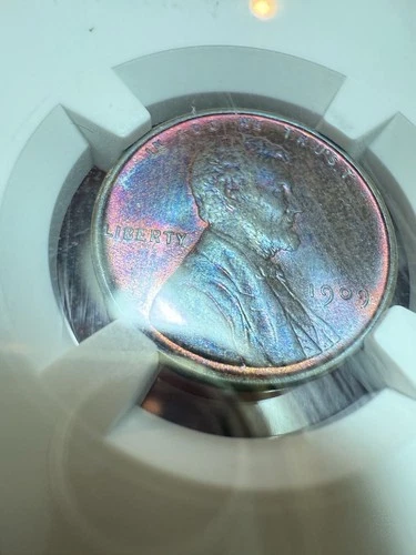 1909 1C Lincoln Wheat Cent PCGS Graded MS 65 BN with Toning Pure Blue Pink Dual
