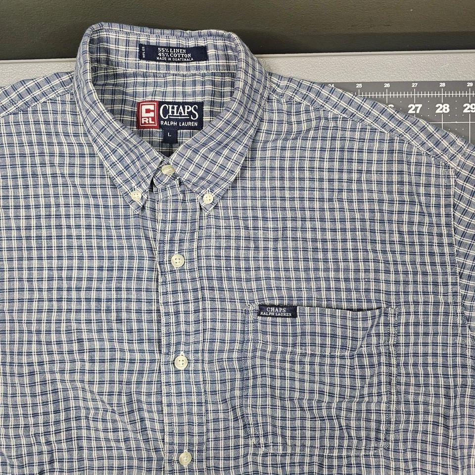 Vintage Chaps Ralph Lauren Shirt Large Blue Plaid Linen Cotton Blend 90s Dadcore - Image 2 of 4