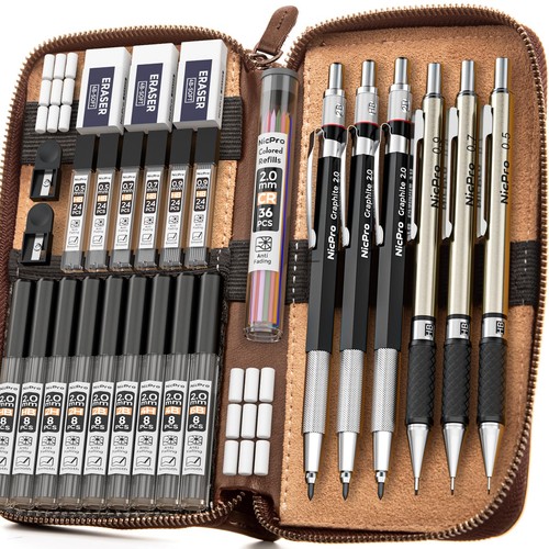 Nicpro 30PCS Art Mechanical Pencil Set in Leather Case, Metal Black, Black - Picture 1 of 8