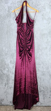 Banjul Velvet Maxi Dress Gown Plunge Halter Neck Frontal Split Magenta Size S