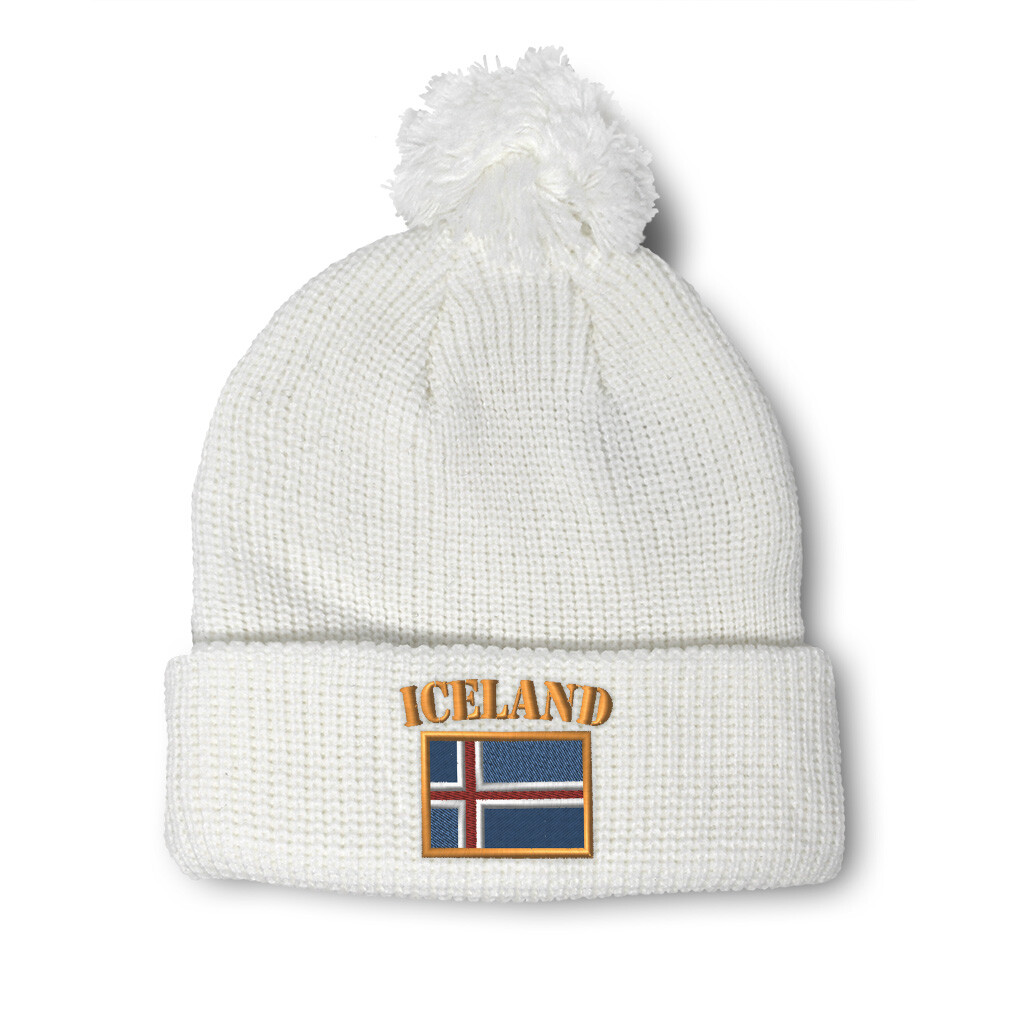 Pom Pom Beanies for Women Iceland Flag Embroidery Winter Hats for Men Skull Cap