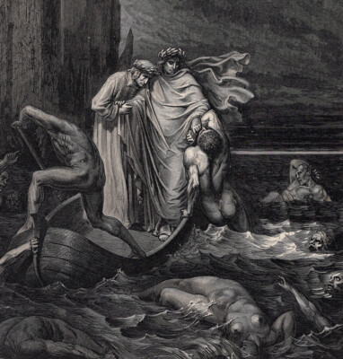 高級Hand Painted Woodgraph DORE’93 木彫り DORE 1800s Divine Comedy Woodcut The Wrathful torment Argenti