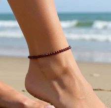 Dainty 2MM Faceted Garnet Red Gemstone Beaded Anklet Healing Reiki Summer Gift