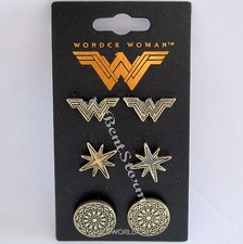 DC Comics WONDER WOMAN Costume Metal Stud Earrings Shield Star Logo 3 PACK NEW