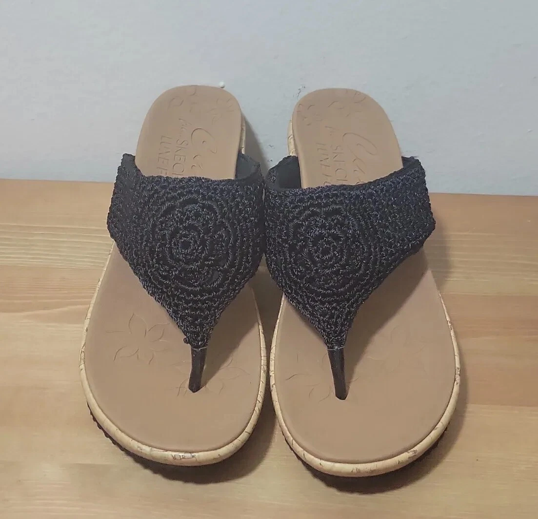 Skechers Beverlee Fancy Work Natural Crochet Black Thong Sandals