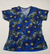 Vera Bradley Medical Scrub Top Women Floral Pockets Short Sleeve Size Small Blue