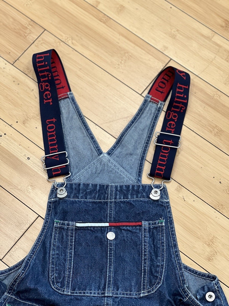 VTG Tommy Hilfiger Overalls S/ P Denim Jean Bibs Spell Out Flag