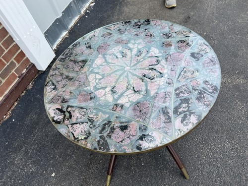 mosaic stone marble spider table Coffee teak 30” round mcm mid century Moroccan - Picture 6 of 24