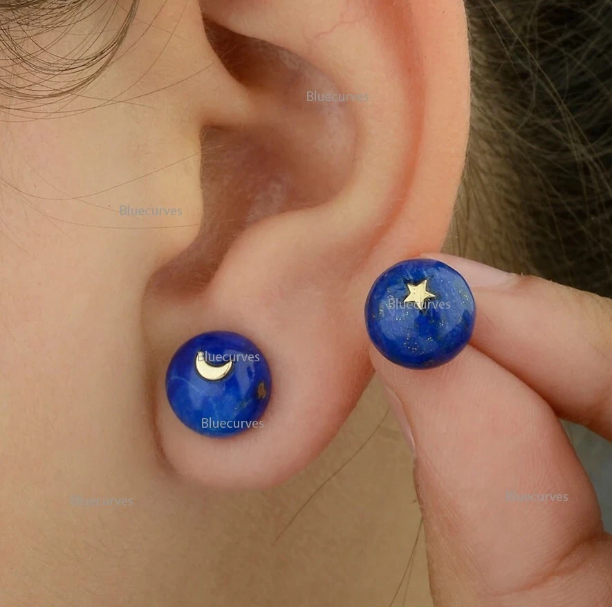 Brincos celestiais de lápis-lazúli natural 8 mm ouro 14k estrela e lua - Imagem 2 de 4