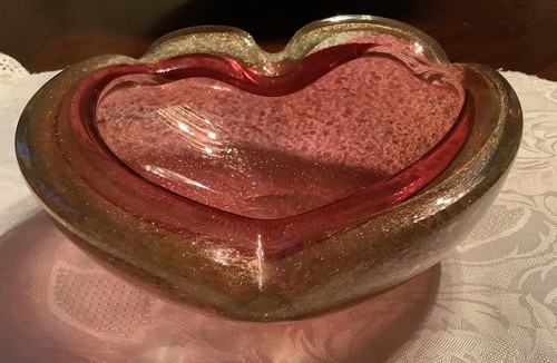 Murano Italian Art Glass Cranberry And Olive Glass With Gold Flakes