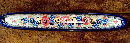Polish Pottery Unikat Handcrafted Olive Boat Blue Floral Signed & Numbered 10” L - Picture 18 of 18