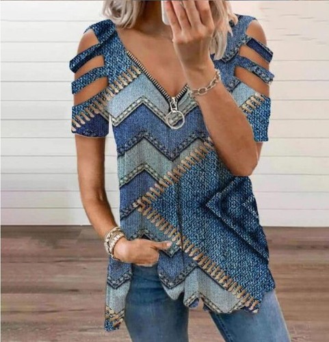 Summer Womens Cold Shoulder T Shirts Blouse Zipper V Neck Tee Tops PLUS SIZE UK - Picture 7 of 32