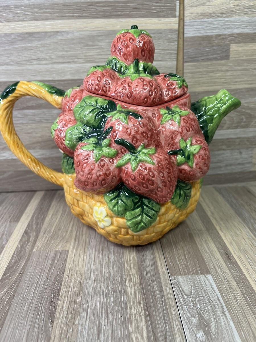 STRAWBERRY TEAPOT Decorated with Leaves and Flowers on