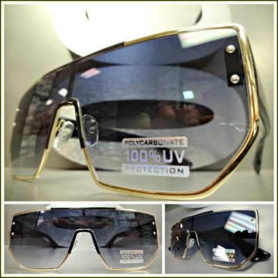 Men's or Women Classy Elegant Modern Shield Style SUN GLASSES Gold & Black Frame
