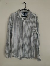 Tommy Hilfiger Mens Size XL White Blue Striped Linen Long Sleeve Casual Shirt