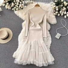Lady Long Sleeve Mesh Splicing Knit Dress Pleated Ruffled Slim Sexy Office Chic
