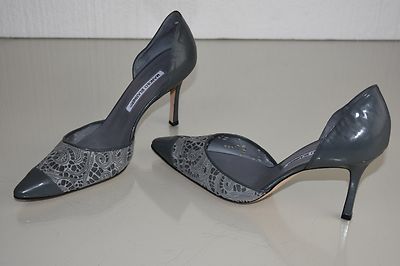 Escarpins Manolo Blahnik Tayler Dorsay – Suède Gris Laser Et Cuir Verni – Taille 40 – Neuf