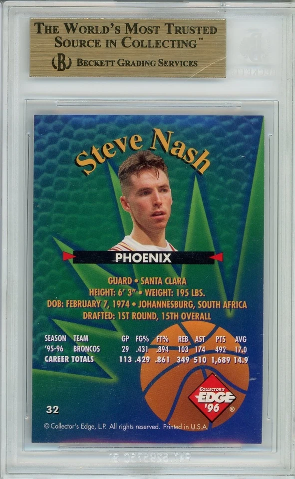 Tarjeta del año de novato Gisto #32 POP 1: Steve Nash BGS 9,5: 1996 Collector's Edge Foto 2 de 4