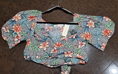 New Cropped Wrap Top Large Flutter Sleeve Bow RowA Floral Polka Dot Anthro Style