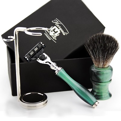 Profi 3 tlg Rasierset Synthetic Black Badger Pinsel und 3 Edge Rasierer Set
