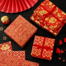 6 Sheets Chinese New Year Wrapping Paper -Not Roll- Red Gold Gift Wrap Paper