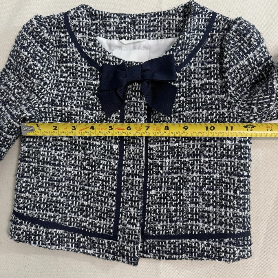 Chaqueta Blazer Janie Jack Niñas Talla 5 Tweed Azul Marino Blanco Lazo Cárdigan Preppy Chic Foto 4 de 4