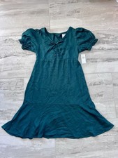 Abito Old Navy Girls L 10-12 nuovo con etichette verde scuro manica corta fiocco, arruffato e foro chiave