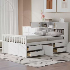 Kara White Wood Frame Full Size Captain Platform Bed with Storage Headboard, Boo
