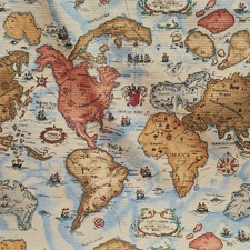 Vtg Braemore World Map Fabric Nautical Explorer 56x108 Screen Print Velvet Look