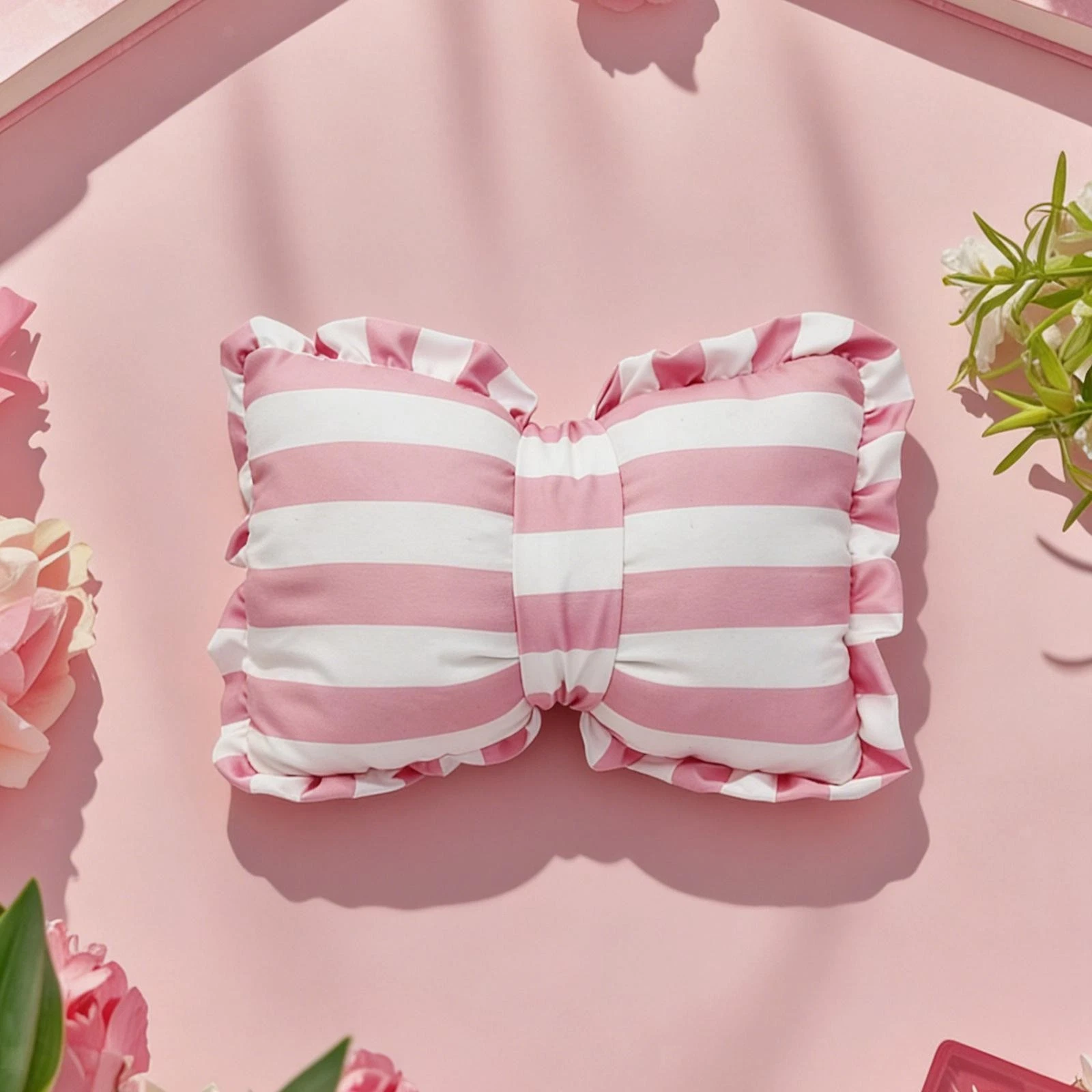 Pink Striped Bow Pillow Girls Sturdy Bedroom Comfortable Soft Gifts Ornament