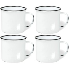 Set of 4 Enamelware Metal Large 22 Oz Round Coffee Mugs, Distressed White