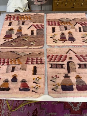 Vtg Woven Wool Wall Hangings Folk Art Tapestry Women w Hats Pink Set Of 4 17x17 