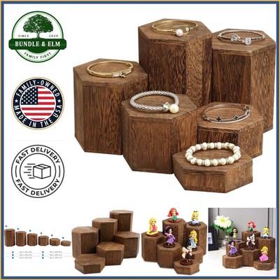 Wooden Jewelry Display Stand with 6 Hexagonal Risers in Various Heights