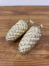 2 Pinecone Gold Glitter VTG Christmas Tree Ornaments Blown Glass 4.5" Germany