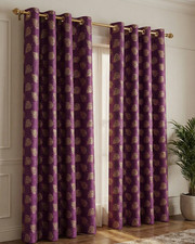 Luxury Plum & Metallic Gold Leaf Eyelet Curtains | Elegant Room Darkening