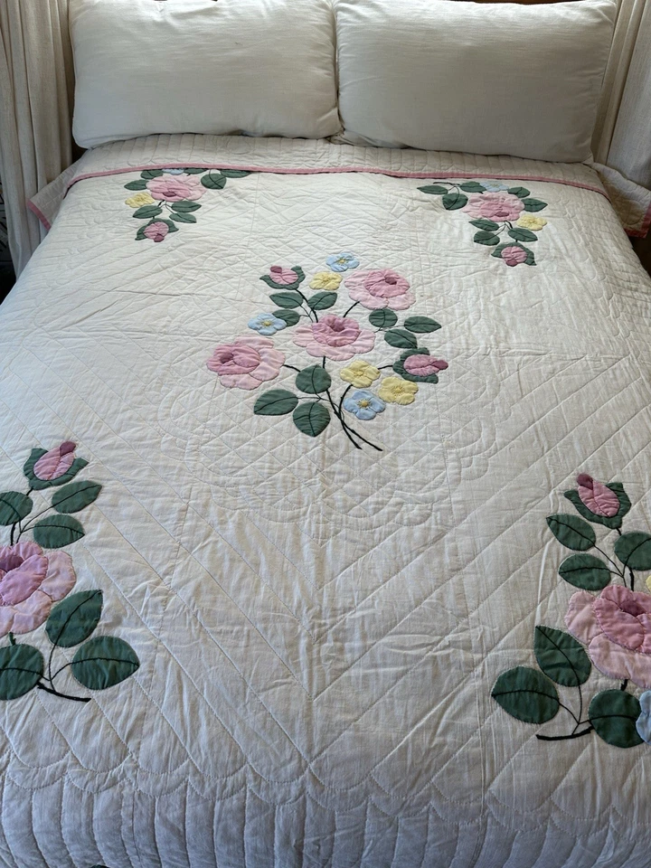 "De colección Hecho a Mano Edredón Apliques Bordado Floral Ramo Rosa Reina Completa 82""x97""" Foto 2 de 4