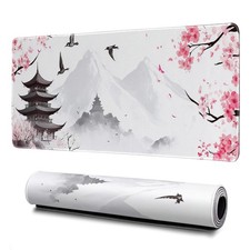 Retro Pagoda Cherry Blossom Watercolor Mouse Pad Abstract Big Mouse Pad 31.5x...
