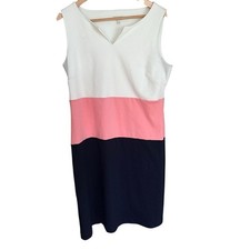 TALBOTS DRESS~10~WHITE PINK NAVY COLOR BLOCK~SLEEVELESS~KNEE LENGTH~KNIT~V NECK